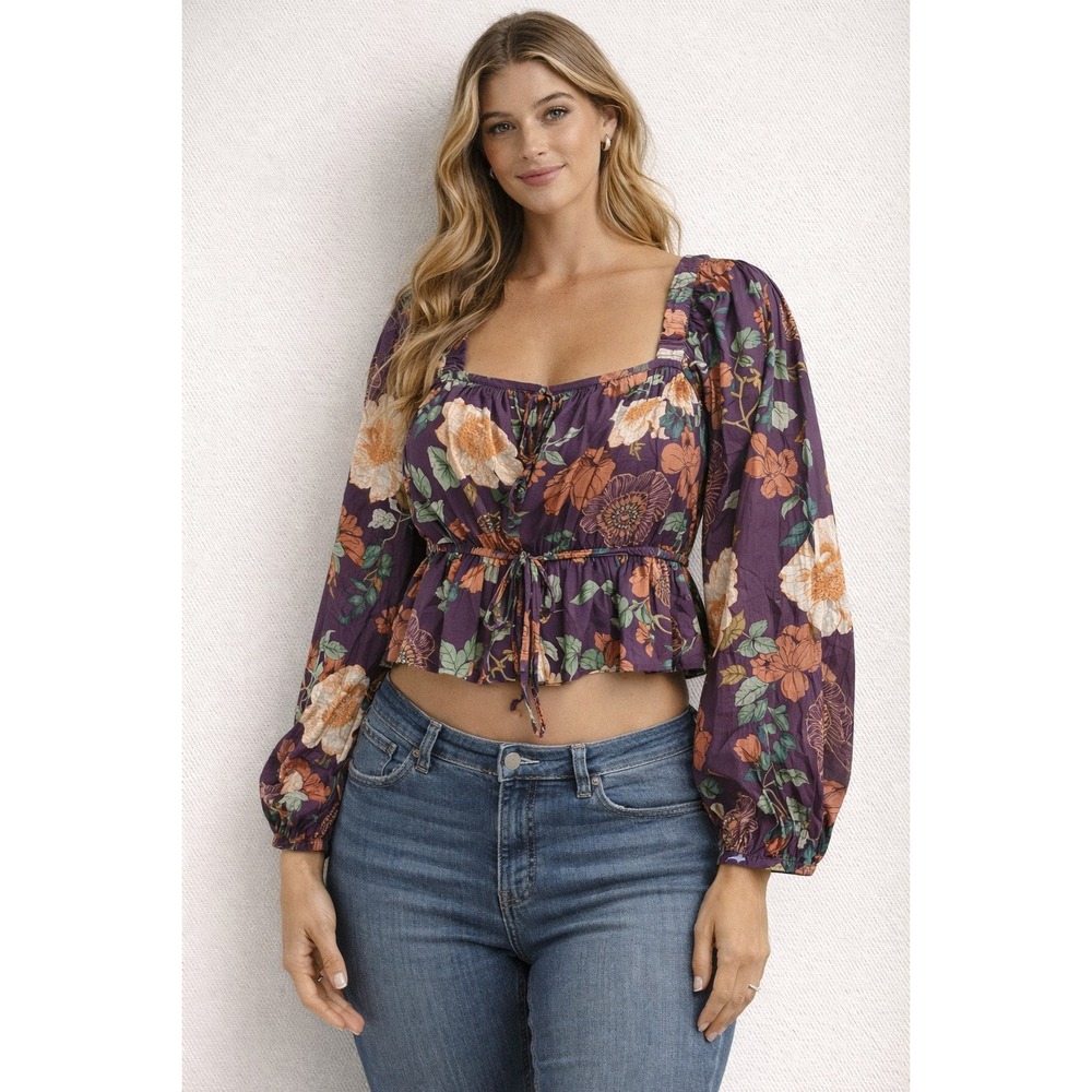 LAND OF THE FREE Floral Crop Top Boho Fairycore Festival Ruffle Hem M NWT